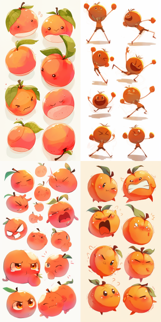 桃子拟人，多种表情含快乐生气等，火柴人可爱风格，动态姿势，白色背景，大胆线条，f/8光圈，粉笔质感，250风格，清新色彩，活泼。