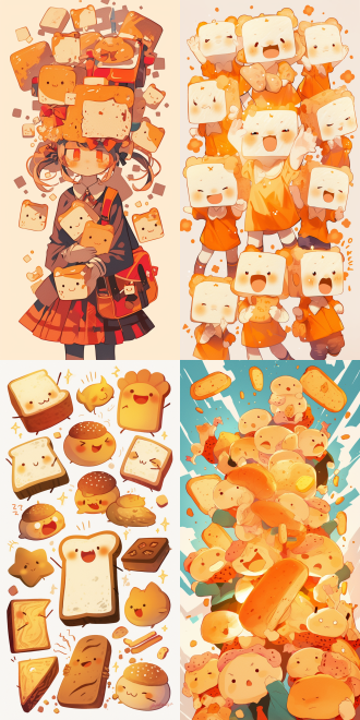 面包拟人拿玩具，多种表情含快乐生气，火柴人可爱风格，动态姿势，白色背景，大胆线条，f/6小组，粉笔质感，250风格，正光，活泼。