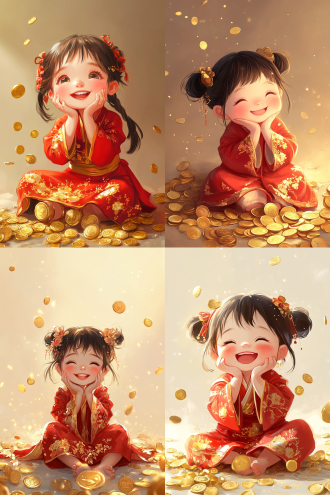可爱小女孩坐地上，捧脸开心笑，着红绣金汉服，周围散金币，米色背景，漫画风格，正脸，暖色调，柔光，清晰轮廓，喜悦。