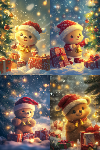 可爱软萌小熊戴红圣诞帽系金铃铛围巾站圣诞树旁，礼物堆积，雪花飘落，挂灯泡袜，暖黄光照，银装雪地背景，超高清，迪士尼风，梦幻