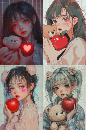 可爱活力少女，动漫心形眼，抱泰迪熊拿红苹果，y2k风格，多层贴纸，方格纸背景，赛璐璐画风，柔和淡彩，杂志排版，正光，特写。