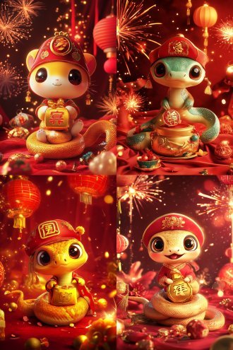 萌趣小蛇盘踞金色元宝，q版可爱风格，大眼俏皮笑，戴红帽有金福字，缠金带绣花，烟花红灯笼环绕，红绸缎背景，高清晰，细腻，喜庆。