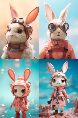 宫崎骏风格琳娜兔子，极简主义，粉白珊瑚柔粉配色，可爱风，蒸汽波海洋朋克，dslr拍摄，浅景深，侧光，清新色调，俏皮。