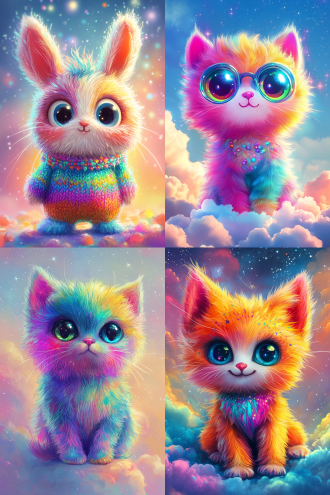 色彩鲜艳圆润可爱卡通形象，表情夸张搞怪，大眼闪亮有光芒，毛耳随表情晃动，穿五彩衣有图案，纯色或星空云朵背景，萌趣可爱，高清，细腻纹理。