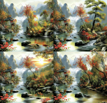 山峰与河流‌ ‌高耸山峰‌：两座巍峨的山峰耸立天际，山间云雾缭绕，更显其雄伟壮观。‌ ‌蜿蜒小河‌：一条清澈的小河在山峰间蜿蜒流淌，河水清澈见底，映照着两岸的风景。‌ ‌河道与石块‌ ‌散落石块‌：河道旁散落着大小不一的石块，石块上布满了星星点点的苔藓，为这幅画卷增添了几分古朴与生机。‌ ‌树木与房屋‌ ‌高大树木‌：两岸高大而直立的树木沿河而生，树叶有绿有黄，交织成一幅绚丽的秋日图景。‌ ‌中式房屋‌：河边矗立着一座两层楼的中式房屋，房屋二楼的镂空窗户推开一扇，仿佛能窥见屋内的温馨与宁静。一楼则爬满了藤蔓，为房屋增添了几分野趣。‌ ‌女孩与山茶花‌ ‌黑发少女‌：一位中国黑发少女站在房屋前，顺直的长发过腰，轻轻飘散在风中。她手里拿着一束鲜红的山茶花，与周围的环境形成了鲜明的对比，更显其清丽脱俗。‌ ‌盛开山茶‌：房屋前一片盛开的山茶花，红艳艳的，如同火焰一般炽热，为这宁静的画面增添了几分活力。‌ ‌夕阳与光影‌ ‌夕阳西下‌：远处的山间，太阳正在缓缓落下，金黄色的光芒斜斜地照在树、屋、河面以及女孩身上，形成美丽的光影效果，整个画面仿佛被镀上了一层金色的光辉。‌ ‌河中生灵‌ ‌鸭子戏水‌：河里，5只鸭子在欢快地追逐着河水里的小鱼，溅起阵阵水花，为这幅宁静的画面增添了几分生动与趣味。‌ ‌水花四溅‌：河水被一块50cm大的石头阻挡，溅起了高高的水花，仿佛是大自然的一次小小恶作剧。‌
