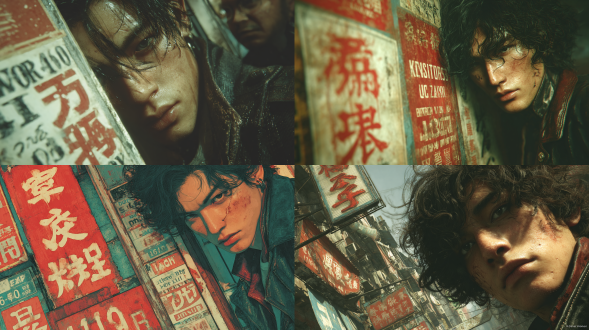 蓝信一《九龙城寨之围城》黑色短发卷毛中分，男角色。锐利眼神+伤痕脸+黑色皮衣，痞帅气质，九龙城寨暗巷背景，霓虹灯管+潮湿蒸汽+繁体招牌，香港80年代贫民窟，末日废土与赛博朋克混合风格，电影级光影，王家卫色调（青橙对比），细节超现实主义，4k高清渲染