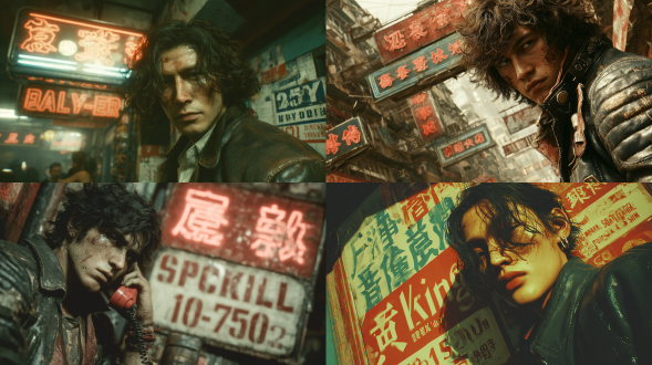 蓝信一《九龙城寨之围城》黑色短发卷毛中分，男角色。锐利眼神+伤痕脸+黑色皮衣，痞帅气质，九龙城寨暗巷背景，霓虹灯管+繁体招牌，香港80年代贫民窟，末日废土与赛博朋克混合风格，电影级光影，王家卫色调（青橙对比），细节超现实主义，4k高清渲染