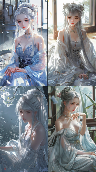 超清渲染动漫风格中国少女，银色长发，汉服连衣裙，温柔自信，全身角色，自然色调，远景透视，高亮细节，卧室风格，静态放松，高清画质，细腻纹理，柔和光线，唯美氛围。