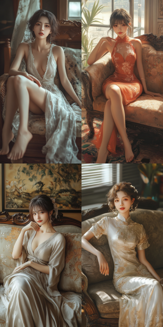 美丽的东方女孩，侧面蹲坐在沙发上，长裙，长腿，手势，健康的手指，细节清晰，武侠服装cg风格，服装，微笑的表情里洋溢着自信，卷曲的短发，水滴，精致的面部和皮肤，具有出色的物理效果和丰富的细节，冷色调，富有诗意，8k画质，大师级摄影作品，