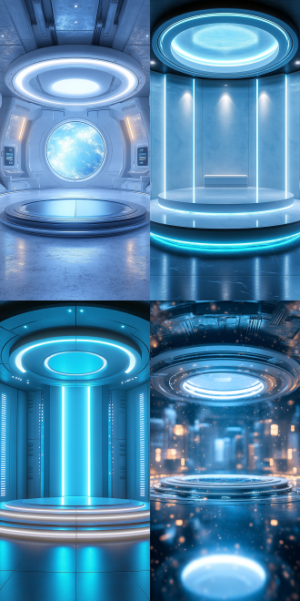 科幻圆形展示舞台，实验室风格，白蓝调，极简现代元素，3d渲染，高分辨率，现代工作室照明，白光效果，几何玻璃，高端未来感。