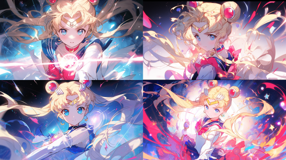 正面视角，居中构图，精美装扮，高级精致的面容id，色彩丰富，明亮的光线，日漫风格，超级美少女战士，月野兔，动感，战斗姿势，光芒四射。