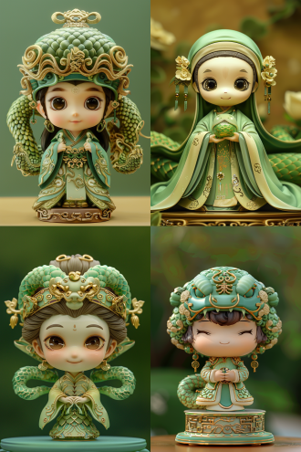 东方ip图，蛇人，蛇脸，眼睛有神，面庞庄重，蛇尾，中国风，翡翠绿，明亮色彩，辅以金色和蓝色，全身，极简主义拓扑结构，素色背景，纯色背景，盲盒风格，半透明果冻质质，超可爱，可爱卡通+，kawaii，柔和的色彩，未来感，chibi，角色设计，vray渲染8k，高清，3d，c4d，popmart的3d渲染，衣服中的