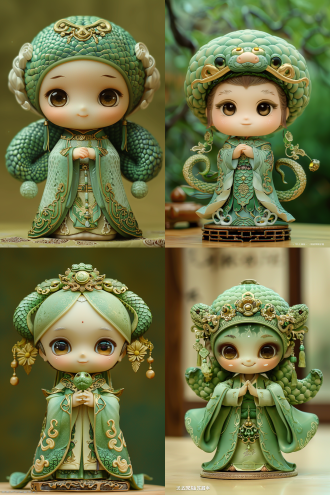 动漫ip图，蛇人，蛇脸，眼睛有神，面庞庄重，蛇尾，中国风，翡翠绿，明亮色彩，辅以金色和蓝色，全身，极简主义拓扑结构，素色背景，纯色背景，盲盒风格，半透明果冻质质，超可爱，可爱卡通+，kawaii，柔和的色彩，未来感，chibi，角色设计，vray渲染8k，高清，3d，c4d，popmart的3d渲染，衣服中的