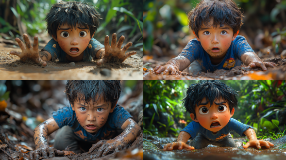 close - up, expression of intense pain, furrowed brows, 5 - year - old chinese boy, falling forward onto the ground with hands pressing against the surface, wearing a blue t - shirt with a cartoon character and gray pants with grass stains, blurred jungle background, enhanced by cinematic color grading, high - resolution, ultra - detailed.