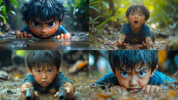 close - up, expression of intense pain, furrowed brows, 5 - year - old chinese boy, falling forward onto the ground with hands pressing against the surface, wearing a blue t - shirt with a cartoon character and gray pants with grass stains, blurred jungle background, enhanced by cinematic color grading, high - resolution, ultra - detailed.