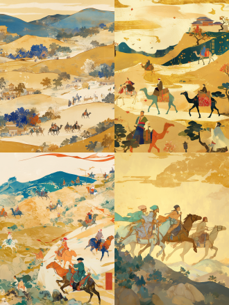 敦煌壁画山水活灵活现，骆驼商队汉代建筑穿越冒险，沿丝路排列动感，水彩风，金箔点缀，水墨插画，金箔质感，奇幻，中式山水背景，传统图案装饰，平面视角，亮色彩