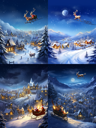 圣诞老人骑雪橇驯鹿飞越城市，全景构图，写实风格，白雪覆屋树，月光夜空，雪山背景，圣诞小镇，灯光街道，神奇迷人，高分辨率，自然光，清晰焦点。