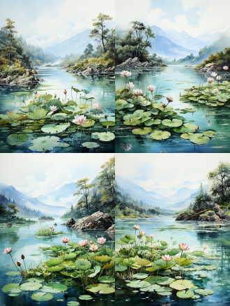 中国传统水墨画，池塘景象宁静，绿荷叶活力，荷花精致浮现，小船优雅，水墨背景微妙漫射，暗示旅程探索，远雾山印象，深沉宁静，工笔细腻，淡彩。