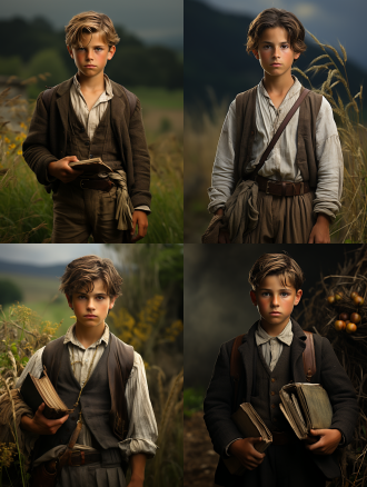 12岁男孩全身像，站立姿态，面色严肃，穿古代服装手拿书，草地背景，对称构图，自然光，长焦镜头，写实风格，暖色调，沉静。