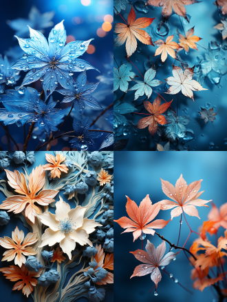 雕刻枫叶，居中构图，高分辨率，写实风格，梦幻蓝天空背景，特写镜头，暖色调，顶光，精致细节，宁静，留白多，叶脉清晰，雕桂林山水。