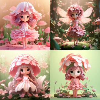 a cute little flower fairy girl in a magical forest, wearing a pink petal hat and a pink petal dress adorned with green leaves, centered composition, light pink background, soft and light volume, 3d style, c4d rendering, full-body shot, ultra-detailed, high-end colors, adorable atmosphere, facing front, fantasy theme, vibrant and whimsical, magical lighting, intricate details, dreamy and enchanting.