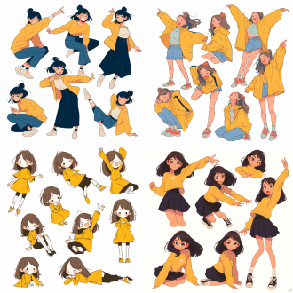 线条小人，贴纸风格，简笔画，多种体态，线条流畅，白色背景，高清，扁平化设计，简洁，色彩鲜艳，卡通化，无阴影，正面视角，动态姿势，欢乐情绪。