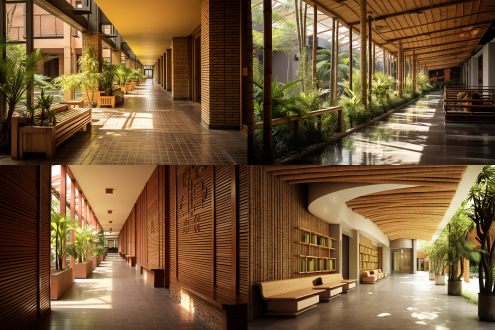 校园室内走廊温馨一角，对称构图，暖色调，环保材料，椰壳草木砖，绿色装饰，多功能空间，艺术长廊连露台，休息椅，墙体木结合，凸显结构美，可过百人，有安全设施，自然阳光。
