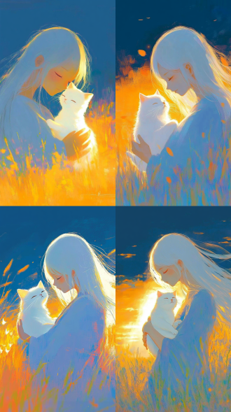 傍晚的阳光，斜斜洒在枯黄的草地上，染上一层温暖的金色，白发少女抱着一只白猫，治愈风格，插画