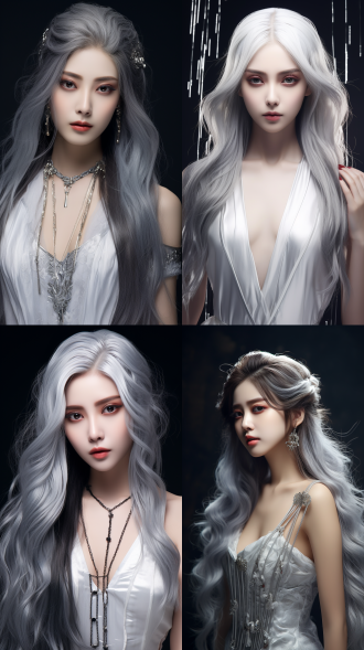 新中式，中式美学，国风，动态优美，面部四分之三侧脸特写，银色的长发，有飞舞的一些银色发丝，女人有干净无暇的皮肤，银色瞳孔，银色金属质感，美丽的锁骨，银色戏服，液态金属，水银质感，梦幻绝美，背景干净优化质感，低饱和，高明度，梦幻的光晕，绝美的光影，油画质感，肌理感，银色的蝴蝶在背景轻轻飞舞，黑色渐变背景，镜头感