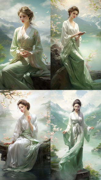 古装女子，浅绿色长袍，盘发，发饰，双手交叠，身后卷轴，古典书法，青山绿水，白云缭绕，樱花树，飞翔的白鸽，古典亭子，宁静氛围，仙气飘飘。