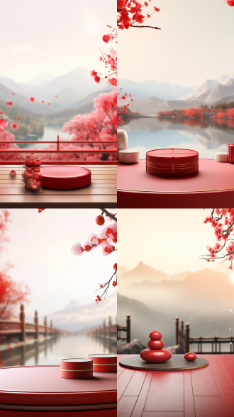中国节日电商背景，空的柜台面，红色丝绸，礼盒，花，灯笼，国风，没有人，风景，山，窗户，圆形窗户，前景模糊，红色花瓣，红花，树，模糊，中间有个圆柱体，圆柱体，c4d，3d 渲染，反射，景深，花瓣，窗户，树枝，东亚建筑，建筑，白天，花，户外。