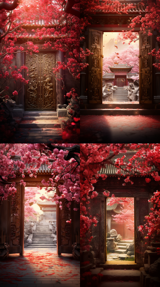 中国风，古风，中国红的大门，故宫的一扇大门打开，一缕阳光从门里面照射出来，门打开里面出现春暖花开的景象，仙境，梦幻，大师构图，摄影获奖作品，居中