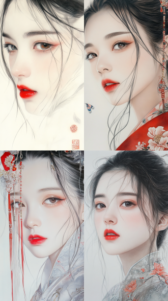 工笔画，彩铅风格，精致刻画，红唇，眉目如画，流畅的线条，梦幻感，绝美的人，大师级构图，柔光，白色背景，梦幻光影，色彩弥漫，弥散光影，梦幻风格，古风
