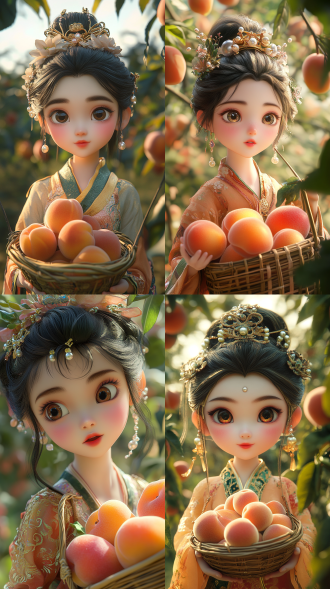 新三维古风,4d渲染,oc渲染,近景特写.仰视视角一个美丽的古代仙女手提盛着蟠桃的精美竹篮,站在蟠桃园中,大眼睛,双眼皮,眼波流转,精致高耸的发髻,精美的珠翠和桃花发饰,巨大鲜美的蟠桃,天宫仙境,精美绝伦的红黄绿配色丝绸衣裙,轻盈飘逸的丝带,祥云缭绕,仙气飘飘,色彩浓重艳丽,自然光,模糊背景,杰作,8k,不出现不好的手