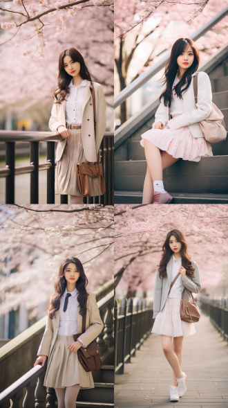 年轻女子，黑色长发，白皙皮肤，粉色唇彩，米色开衫，格子短裙，白色内搭，灰色领带，白色运动鞋，白色袜子，黑色背包，单手扶栏杆，樱花树背景，粉色樱花，石质栏杆，户外场景，青春活力。
