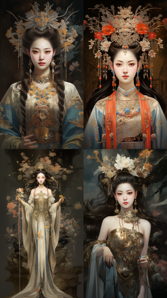 三维古风,神仙姐姐亦菲肖像,华丽的头饰,32k,高清,高质量,敦煌色彩,敦煌元素,极致细节，白皙的皮肤，华丽，唯美,炫彩光影,,陈家冷风格，新工笔,暗夜微光,流体油画,岩彩板绘,朦胧彩铅