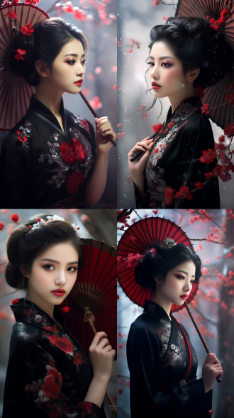 中国美人，穿黑色带暗花旗袍，手里拿红黑色扇子，正侧脸，微带忧愁，高清，红唇，背景冬季红色梅花朦朦胧胧