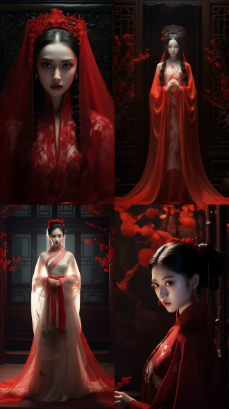 宋代，略带恐怖,暗夜微光，古风鬼新娘，汉服，鬼新娘特征,惊艳，美艳，诡异，五官精致，惨白的脸色，鲜红的嘴唇，三维古风，3d渲染，超高分辨率，氛围感，婚房布置，后面有红双喜字样，半身，全身，不同角度