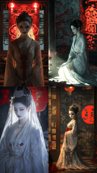 宋代，略带恐怖,暗夜微光，古风鬼新娘，汉服，鬼新娘特征,惊艳，美艳，诡异，五官精致，惨白的脸色，鲜红的嘴唇，三维古风，3d渲染，超高分辨率，氛围感，婚房布置，后面有红双喜字样，半身，全身，不同角度