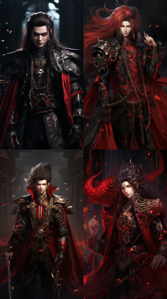 鬼王花城，邪魅，英俊，穿着一件红黑搭配的服装，服装上有金属链条和装饰品，显得非常精致和富有层次感，背景充满了红色和黑色的色调，营造出一种神秘和强烈的氛围，人物佩戴了项链、耳环，增加了他的邪魅感，使整体造型更华丽感，黑色长发，微卷，增加了人物的个性和魅力，白光打在脸上，突出人物的轮廓和细节