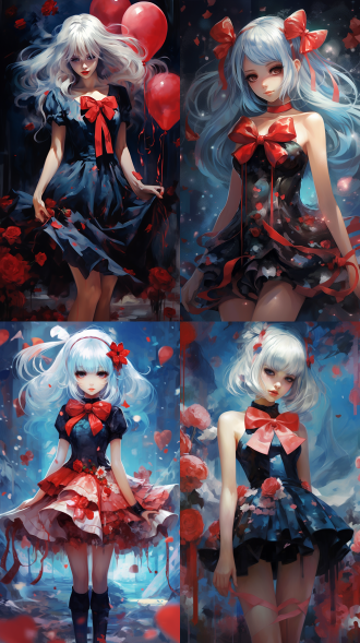 卡通少女，马尾，蓝白色头发，红色蝴蝶结，红色连衣裙，大裙摆，深v领，黑色长袜，红色丝带，花朵装饰，粉色花瓣飘落，俏皮表情，梦幻风格。