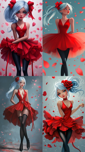 卡通少女，马尾，蓝白色头发，红色蝴蝶结，红色连衣裙，大裙摆，深v领，黑色长袜，红色丝带，花朵装饰，粉色花瓣飘落，俏皮表情，梦幻风格。