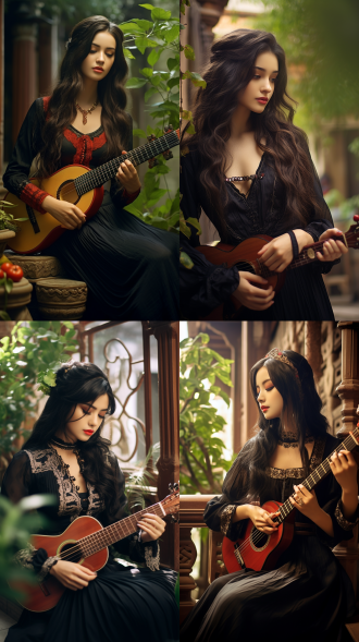 年轻女子，黑色古装，红色领口，金色项链，黑色长发，弹奏琵琶，古典庭院背景，木制栏杆，绿植，宁静氛围，古风韵味。