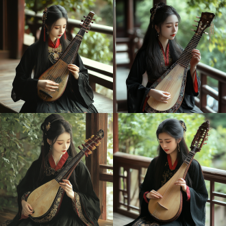 年轻女子，黑色古装，红色领口，金色项链，黑色长发，弹奏琵琶，古典庭院背景，木制栏杆，绿植，宁静氛围，古风韵味。