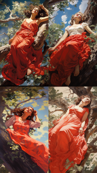 一位身穿下日和白色长裙的女躺在巨大树上。她的头发自然垂落，看起来非常生动有趣。背景是清澈的茂密的树叶练成一片，遮住大部分背景，与她鲜艳的衣服形成了鲜明对比。 视角：从低角度向上看，突出人物和天空。色彩：使用明亮的颜色来表现蓝天和人物服装。细节：注意人物的表情、姿势以及衣服褶皱等细节。 整体风格：可以尝试用油画或水彩画的方式呈现画面，表现出轻盈活泼的感觉。