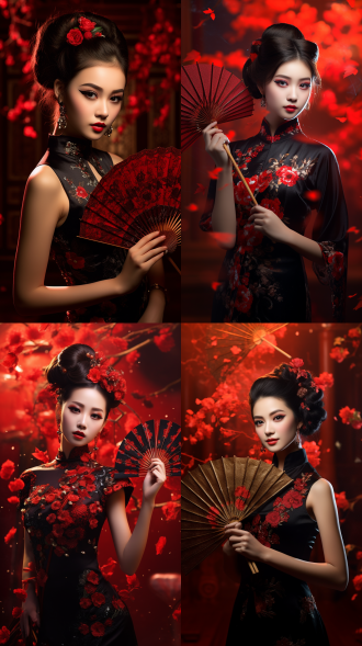 中国美人，穿黑色带暗花旗袍，手里拿红黑色扇子，微带忧愁，高清，红唇，中国红背景，暗黑，诡异，魅惑，奢华，国风光影，三维粒子，亮片，生物发光，发光粒子，超高清像素，64k高清出图，特写，妖媚美人，五官精致，获奖作品，大师构图