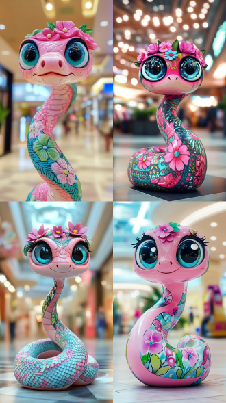 粉色卡通蛇，大眼睛，蓝绿色眼瞳，粉色花朵装饰头部，蓝绿色花纹点缀身体，卷曲姿态，室内商场背景，明亮灯光，可爱风格。