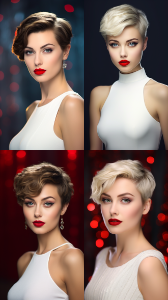prompt: a short-haired beauty with bold red lips, a high-end makeup look, luxurious and elegant appearance, skin as white as snow, wearing a sleeveless halter top, standing in a confident and graceful pose, soft and natural lighting, detailed and clear facial features, especially the beautiful detailed eyes, nose, and lips, minimalist and elegant background, professional photography quality, ultra-realistic, high-definition 8k resolution, fine art style, evokes a sense of sophistication and glamour, each strand of hair and every detail of the makeup clearly visible, smooth and radiant skin, warm and inviting atmosphere negative prompt: low quality, poor anatomy, distorted facial features, extra limbs, missing features, blurry, deformed, text, water