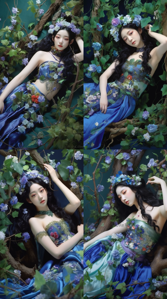 年轻的中国女子，黑色长发，蓝色和绿色的花卉装饰服饰，紫色和白色花朵头饰，藤蔓缠绕四肢，赤脚，躺在绿色布料上，梦幻背景，精灵风格。