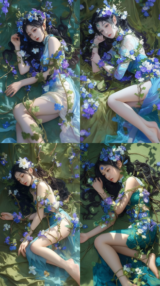 年轻的中国女子，黑色长发，蓝色和绿色的花卉装饰服饰，紫色和白色花朵头饰，藤蔓缠绕四肢，赤脚，躺在绿色布料上，梦幻背景，精灵风格。